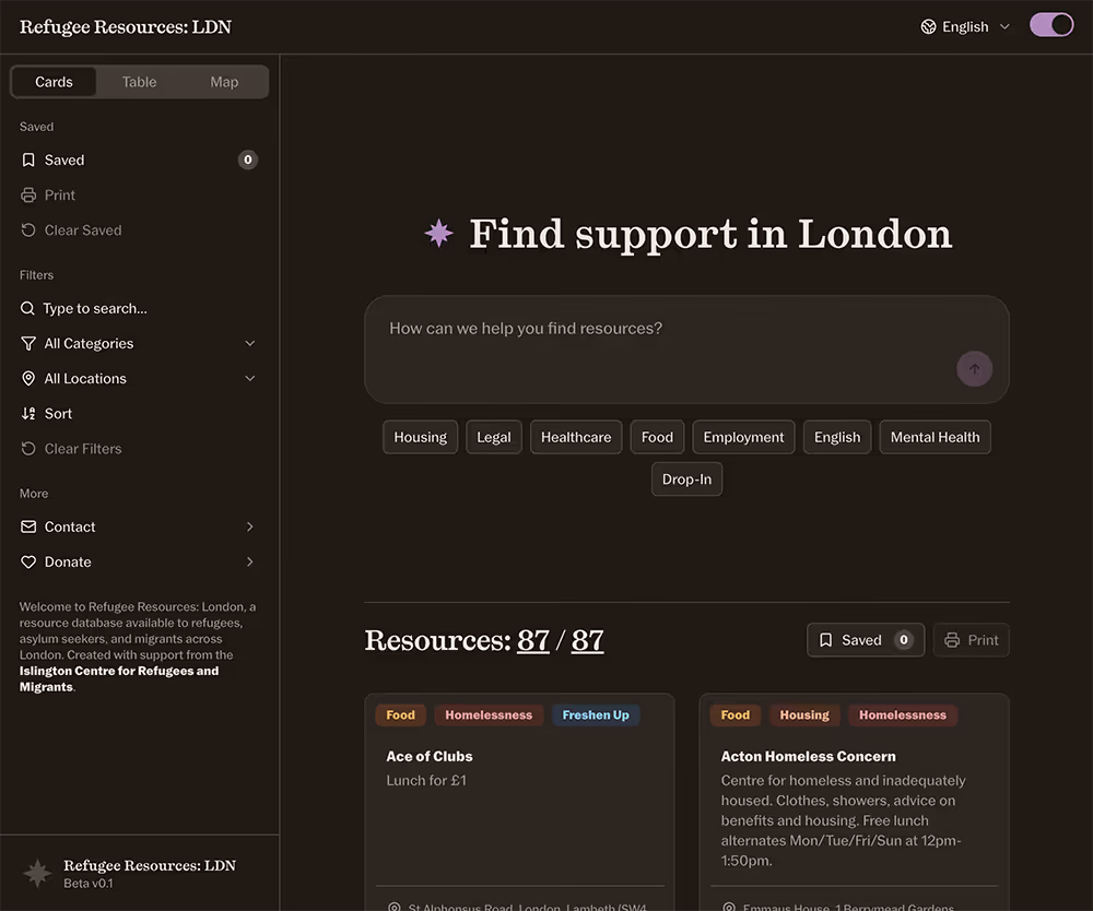 Refugee.london, AI-assisted resource hub for refugees across London